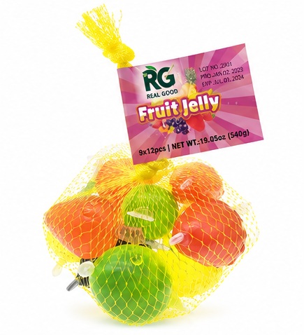 RG fruit jelly cups in a net bag
